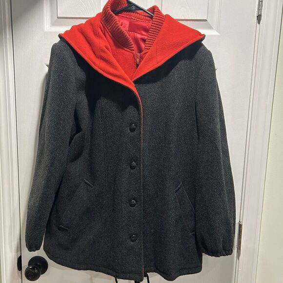 Authentic Mackintosh Vest Coat Hooded  100% Wool Dark Gray Red Women's Size 10 - Picture 1 of 10